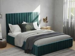Cama Com Espaco De Arrumação 180 X 200 Cm Com Cabeceira De Cama Costuras Verticais Veludo Azul-Esverdeado + Colchão - Larali