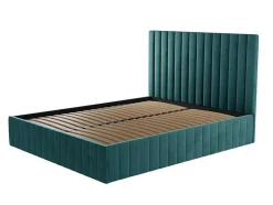 Cama Com Espaco De Arrumação 160 X 200 Cm Com Cabeceira De Cama Costuras Verticais Veludo Azul-Esverdeado + Colchão - Larali