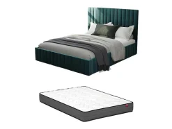 Cama Com Espaco De Arrumação 160 X 200 Cm Com Cabeceira De Cama Costuras Verticais Veludo Azul-Esverdeado + Colchão - Larali