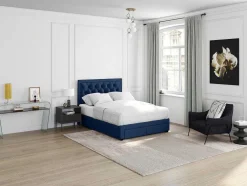 Cama Com Gavetas - Veludo Azul - 160 X 200 Cm - Leopold