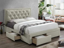 Cama Com Gavetas 140 X 200 Cm Tecido Veludo Champagne + Colchão - Leopold