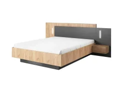 Cama Com Mesas De Cabeceira 160 X 200 Cm, 2 Gavetas, Com Leds, Cor Natural E Antracite + Estrado De Ripas - Francoli