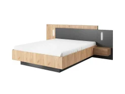 Cama Com Mesas De Cabeceira 160 X 200 Cm, 2 Gavetas, Com Leds, Cor Natural E Antracite + Estrado + Colchão - Francoli