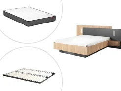 Cama Com Mesas De Cabeceira 160 X 200 Cm, 2 Gavetas, Com Leds, Cor Natural E Antracite + Estrado + Colchão - Francoli
