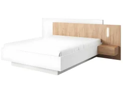 Cama Com Mesas De Cabeceira 160 X 200 Cm, 2 Gavetas, Com Leds, Cor Branco E Natural + Estrado De Ripas - Francoli