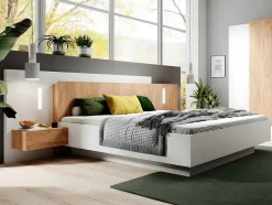 Cama Com Mesas De Cabeceira 160 X 200 Cm, 2 Gavetas, Com Leds, Branco E Natural + Estrado + Colchão - Francoli