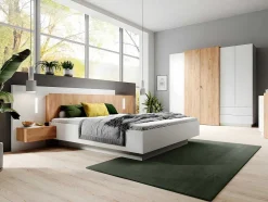 Cama Com Mesas De Cabeceira 160 X 200 Cm, 2 Gavetas, Com Leds, Branco E Natural + Estrado + Colchão - Francoli