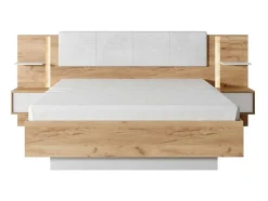 Cama Com Mesas De Cabeceira 160X200 Cm, Com Leds, Cor Natural E Branco - Elynia