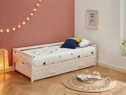 Cama Dupla De 2 X 90 X 190 Cm Em Pinho Macico E Mdf Cor Esbranquicada + Colchão - Aedan Ii