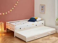 Cama Dupla De 2 X 90 X 190 Cm Em Pinho Macico E Mdf Cor Esbranquicada + Colchão - Aedan Ii