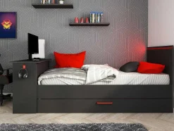 Cama Dupla Gamer 90 X 200 E 90 X 190 Cm Com Secretária E Leds Antracite E Vermelho, Com Colchão E Sommier - Vouani