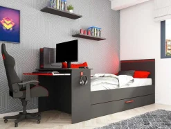 Cama Dupla Gamer 90 X 200 E 90 X 190 Cm Com Secretária E Leds Antracite E Vermelho, Com Colchão E Sommier - Vouani