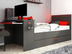 Cama Dupla Gamer 90 X 200 E 90 X 190 Cm Com Secretária E Leds Antracite E Vermelho, Com Colchão E Sommier - Vouani