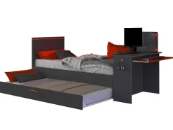 Cama Dupla Gamer 90 X 200 E 90 X 190 Cm Com Secretária E Leds Antracite E Vermelho, Com Colchão E Sommier - Vouani