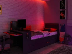 Cama Dupla Gamer 90 X 200 E 90 X 190 Cm Com Secretária E Leds Antracite E Vermelho, Com Colchão E Sommier - Vouani