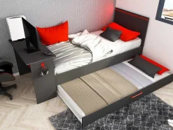 Cama Dupla Gamer 2 X 90 X 200 Cm Com Secretária E Leds Antracite E Vermelho - Vouani