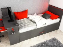 Cama Dupla Gamer 2 X 90 X 200 Cm Com Secretária E Leds Antracite E Vermelho - Vouani