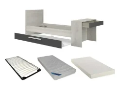 Cama Dupla 90X200 E 90X190 Cm, Com Secretária Cor Natural E Antracite + Colchão + Sommier - Vouani