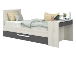 Cama Dupla 90X200 E 90X190 Cm, Com Secretária Cor Natural E Antracite + Colchão + Sommier - Vouani