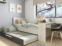 Cama Dupla 90X200 E 90X190 Cm, Com Secretária Cor Natural E Antracite + Colchão + Sommier - Vouani