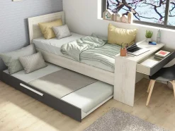 Cama Dupla 90X200 E 90X190 Cm, Com Secretária Cor Natural E Antracite + Colchão + Sommier - Vouani