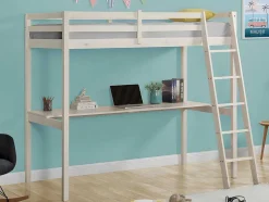 Cama Mezzanine Com Secretária 90X190 Cm Em Pinho Macico Esbranquicado + Colchão - Gedeon