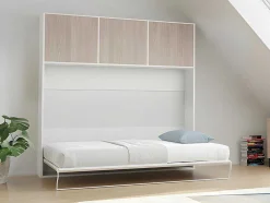 Cama Rebatível 140 X 200 Cm Abertura Horizontal Manual, Com Arrumação, Cor Natural E Branco + Colchão - Elianor Ii