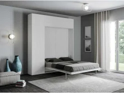 Cama Retratil 140 Vertical Kentaro Com Armário Coluna E Armários Suspensos Cinza Branca