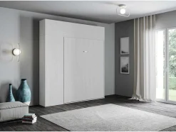 Cama Retratil 160 Vertical Kentaro Com Armário Coluna E Armários Suspensos Cinza Branca