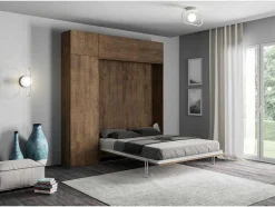 Cama Retratil 140 Vertical Kentaro Com Armário Coluna E Armários Suspensos Nogueira