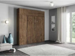 Cama Retratil 160 Vertical Kentaro Com Armário Coluna E Armários Suspensos Nogueira