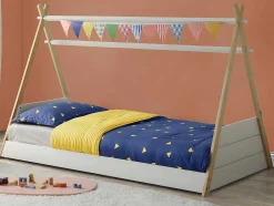 Cama Tenda De 90X190 Cm Em Pinho Cor Branco E Natural - Sioux