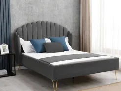 Cama 160 X 200 Cm Com Cabeceira De Cama Ondulada Veludo Cinzento + Colchão - Sagali