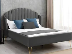 Cama 160 X 200 Cm Com Cabeceira De Cama Ondulada Veludo Cinzento + Colchão - Sagali