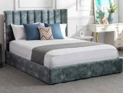 Cama 140 X 190 Cm Com Cabeceira De Cama Costuras Verticais Veludo Azul-Esverdeado - Feroya