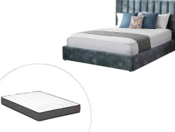 Cama 160 X 200 Cm Com Cabeceira De Cama Costuras Verticais Veludo Azul-Esverdeado + Colchão - Feroya