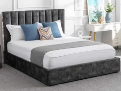 Cama 140 X 190 Cm Com Cabeceira De Cama Costuras Verticais Veludo Antracite + Colchão - Feroya
