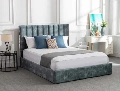Cama 140 X 190 Cm Com Cabeceira De Cama Costuras Verticais Veludo Azul-Esverdeado + Colchão - Feroya