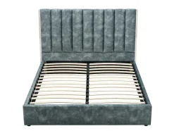 Cama 140 X 190 Cm Com Cabeceira De Cama Costuras Verticais Veludo Azul-Esverdeado + Colchão - Feroya