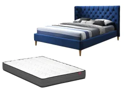 Cama 140 X 190 Cm Com Cabeceira De Cama Acolchoada Veludo Azul Real + Colchão - Enodi