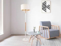 Candeeiro De Pe Escandinavo Metal, Linho E Madeira De Hevea D44 X A164 Cm Natural E Branco - Addis