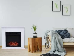 Cheminee Electrique Au Sol De 2Kw En Acier Laque Blanc Avec Telecommande