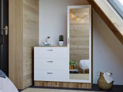 Cómoda 3 Gavetas Com Armário E Espelho Branco E Natural - Vitorio