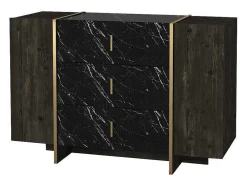 Cómoda 3 Gavetas E 2 Porta Efeito Marmore Preto, Natural Escuro E Dourado - Cadeba