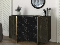 Cómoda 3 Gavetas E 2 Porta Efeito Marmore Preto, Natural Escuro E Dourado - Cadeba