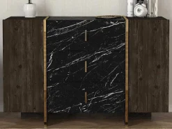 Cómoda 3 Gavetas E 2 Porta Efeito Marmore Preto, Natural Escuro E Dourado - Cadeba