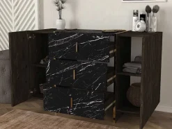 Cómoda 3 Gavetas E 2 Porta Efeito Marmore Preto, Natural Escuro E Dourado - Cadeba