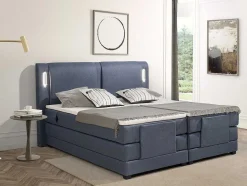 Conjunto Boxspring Cabeceira De Cama Com Leds + Sommier Articulado Eletrico + Colchão + Sobrecolchão 2 X 90 X 200 Cm Tecido Azul - Astemi Da Palacio