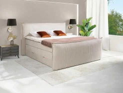 Conjunto Boxspring Cabeceira De Cama + Sommiers Com Espaco De Arrumação + Colchão + Sobrecolchão 2 X 80 X 200 Cm Veludo Canelado Marfim - Rhoda Da Palacio