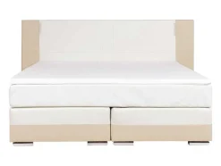 Conjunto Boxspring Completo Cabeceira Com Leds + Sommiers + Colchão + Sobrecolchão Asti De Ysmee - 180 X 200 Cm - Pele Sintética - Creme E Branco